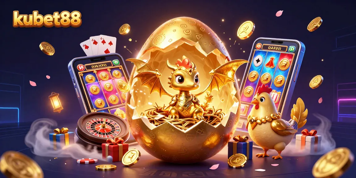 Join the excitement at kubet88 with a golden dragon emerging from chips, surrounded by vibrant gaming elements.