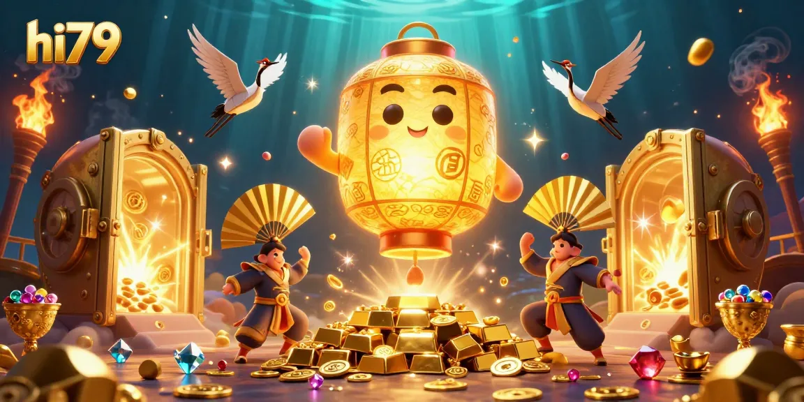 Join the exciting world of hi79 with vibrant casino elements and gold treasures in 3D illustration.