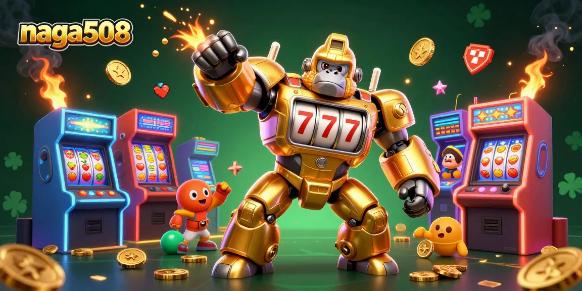 Experience the excitement of naga508 with a dynamic gorilla mech and slot machines bursting with action.