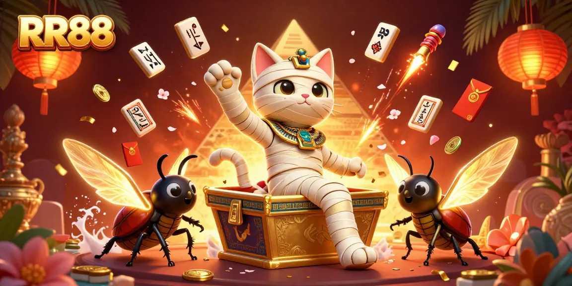 Experience exciting gameplay at RR88 with a dynamic illustration of a cartoon Egyptian mummy cat and vibrant casino elements.