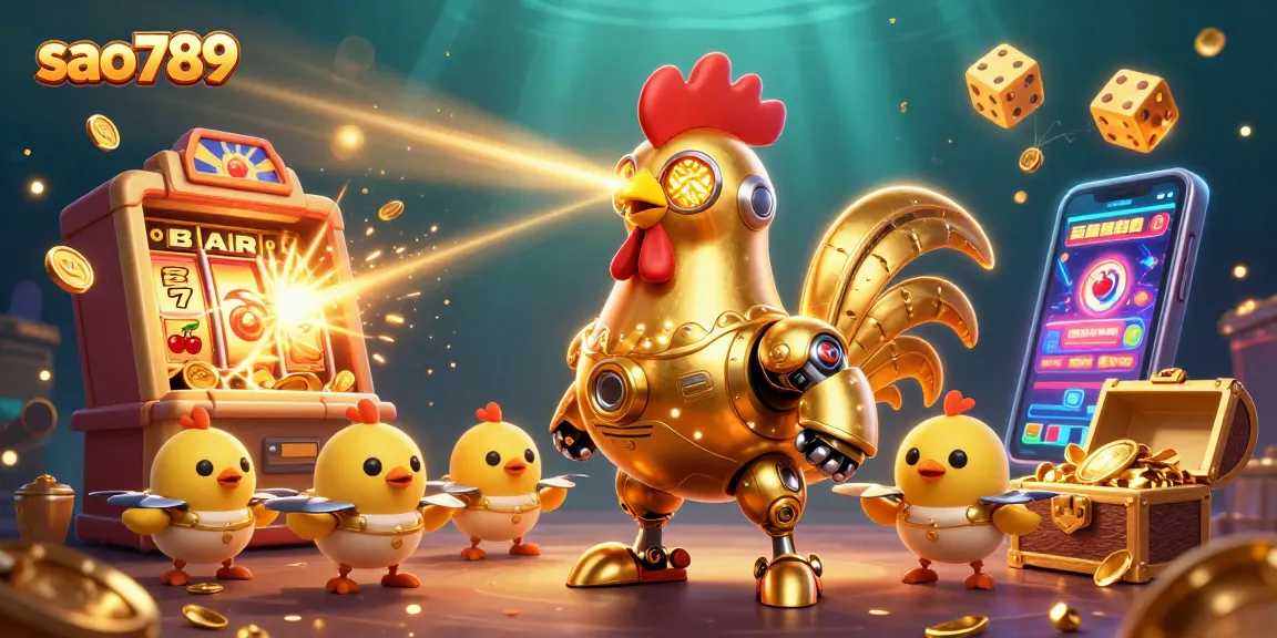 Sao789 casino adventure scene showcasing a golden rooster robot amid jackpot thrills and exciting games.