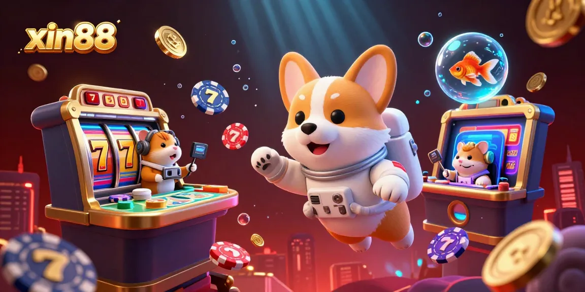 Experience the excitement of xin88 with a vibrant 3D casino scene featuring a corgi astronaut and floating jackpots.