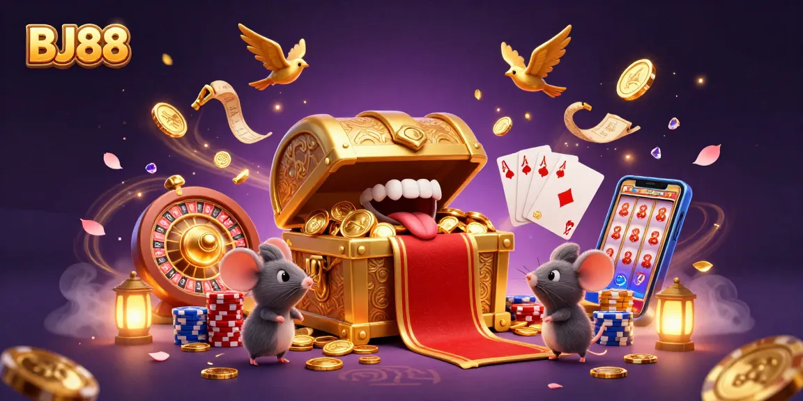 BJ88 captivates players with a playful treasure chest, casino games, and vibrant colorful chips.