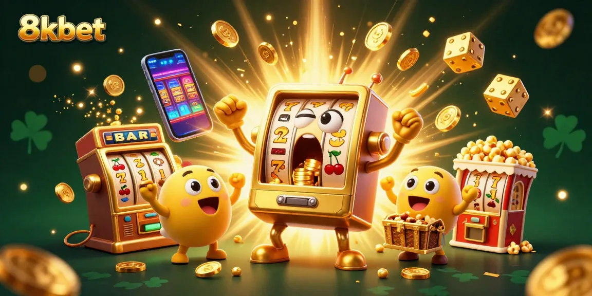 Exciting scene featuring 8xbet with a golden slot machine celebrating a jackpot win surrounded by cheering machines.
