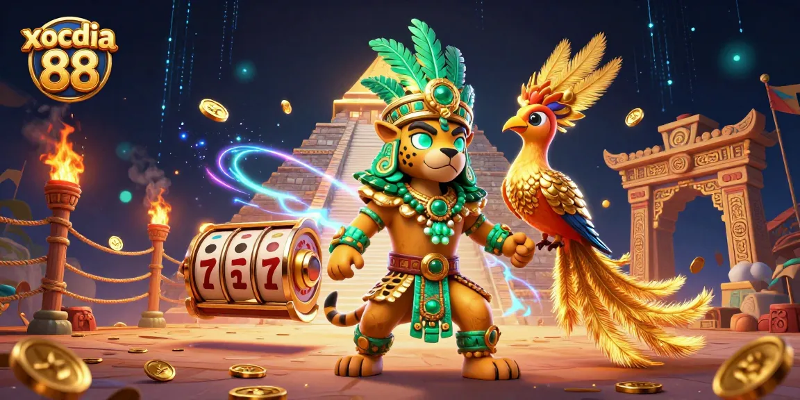 Xocdia 88 offers thrilling gaming experiences with dynamic visuals of a Mayan jaguar priest and slot elements.