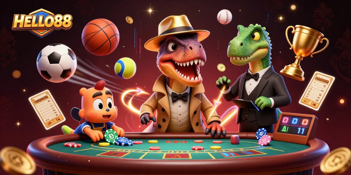 HELLO88 showcases a 3D velociraptor at blackjack, captivating players with dynamic casino elements.