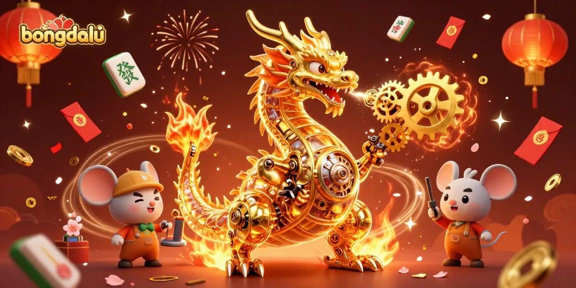 Bongdalu celebrates with a mechanical dragon among festive gambling elements and bright fireworks.
