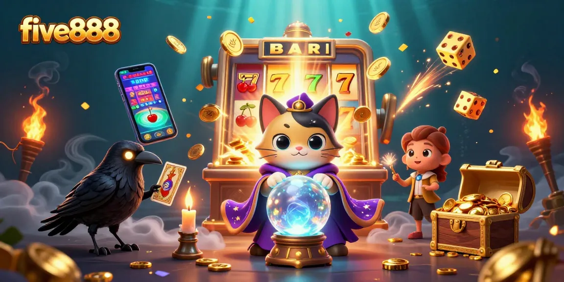 Engage with five888 as the fortune teller mystic cat and raven guide you through a vibrant casino experience.
