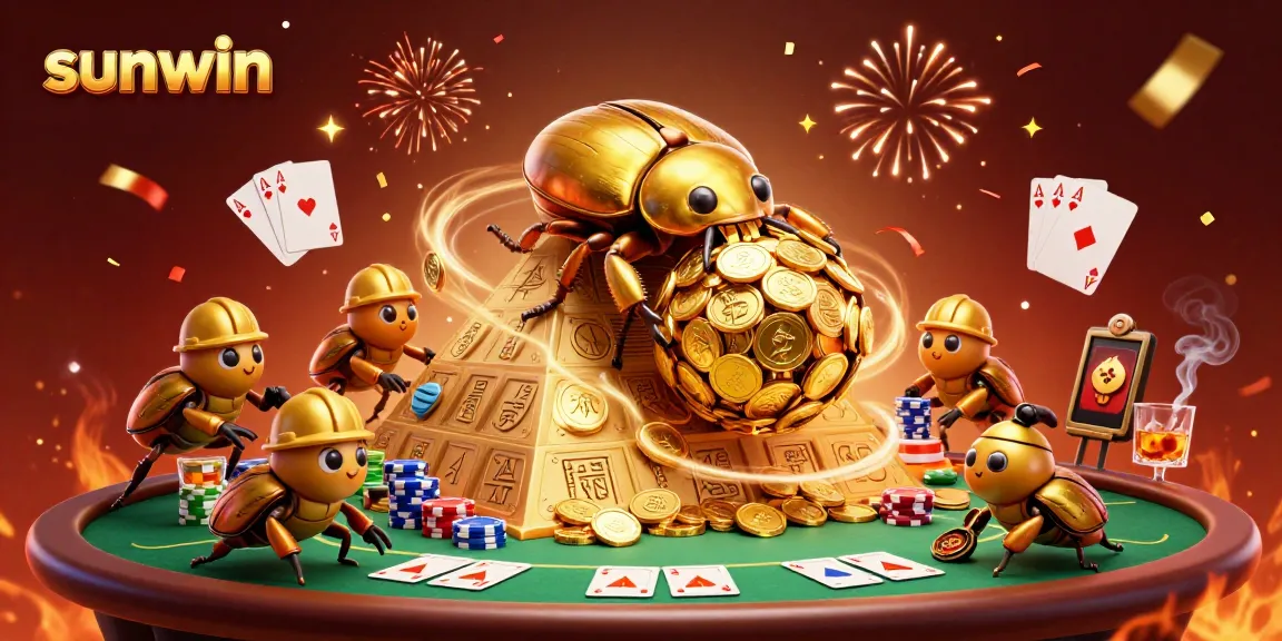 Experience thrilling gameplay with Sunwin as golden beetles roll coins and poker games unfold.