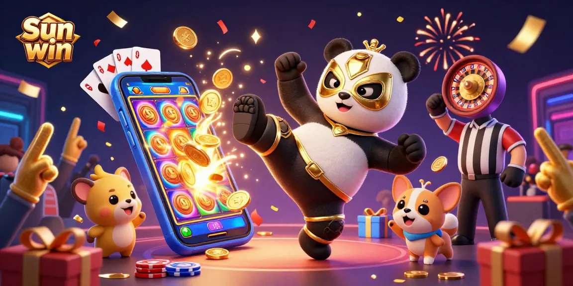 Experience the excitement of Sun win with a dynamic 3D wrestling-themed casino scene full of vibrant game elements.