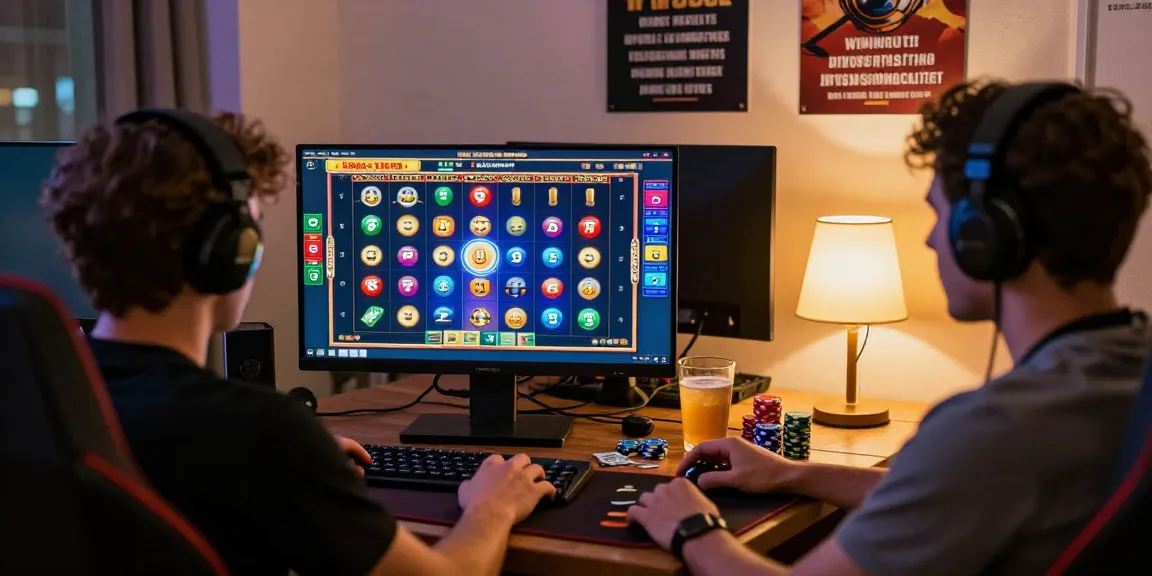 Engaging gamers at a slot machine interface exploring situs slot deposit 10 ribu with colorful graphics and cash on the table.