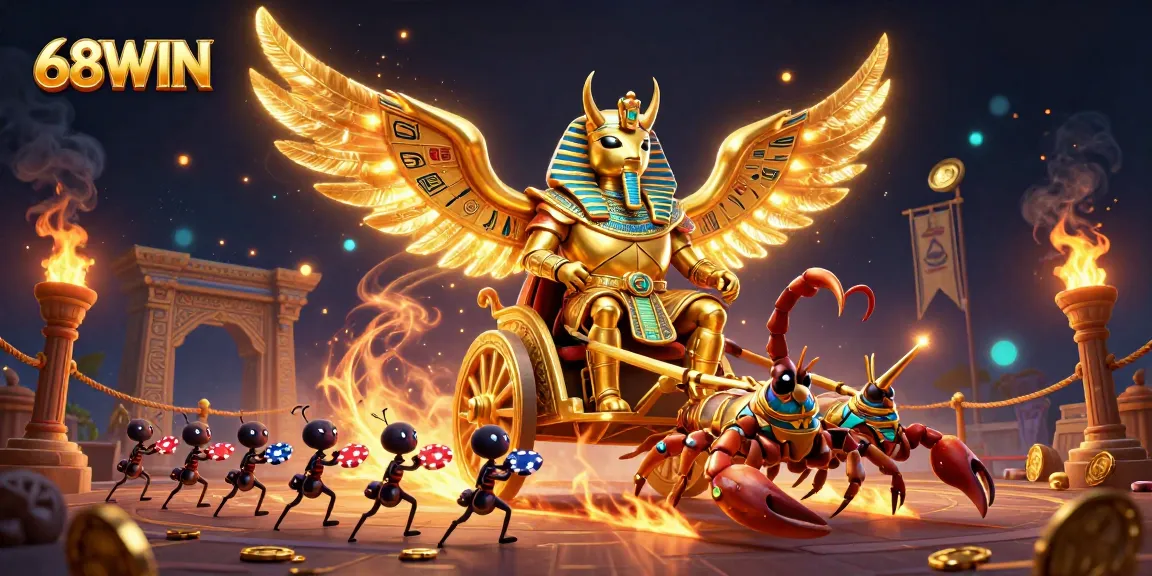 Engage with 68WIN in this dynamic 3D casino adventure featuring a golden beetle chariot and poker chip soldiers.
