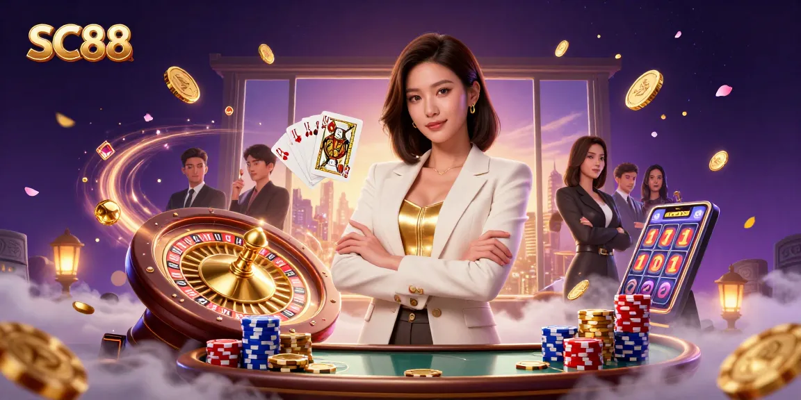 Experience thrilling wins with SC88 in this 3D casino scene showcasing glamorous gameplay.