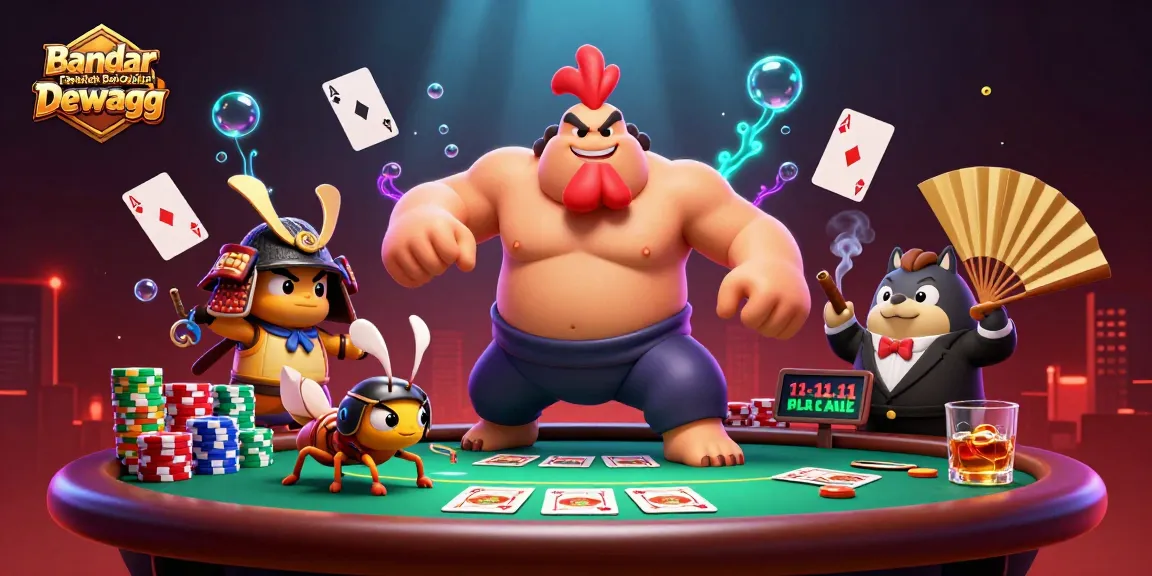 Engage with the excitement at Bandar Taruhan Bola Online Dewagg, featuring a powerful sumo wrestler and dynamic poker elements.