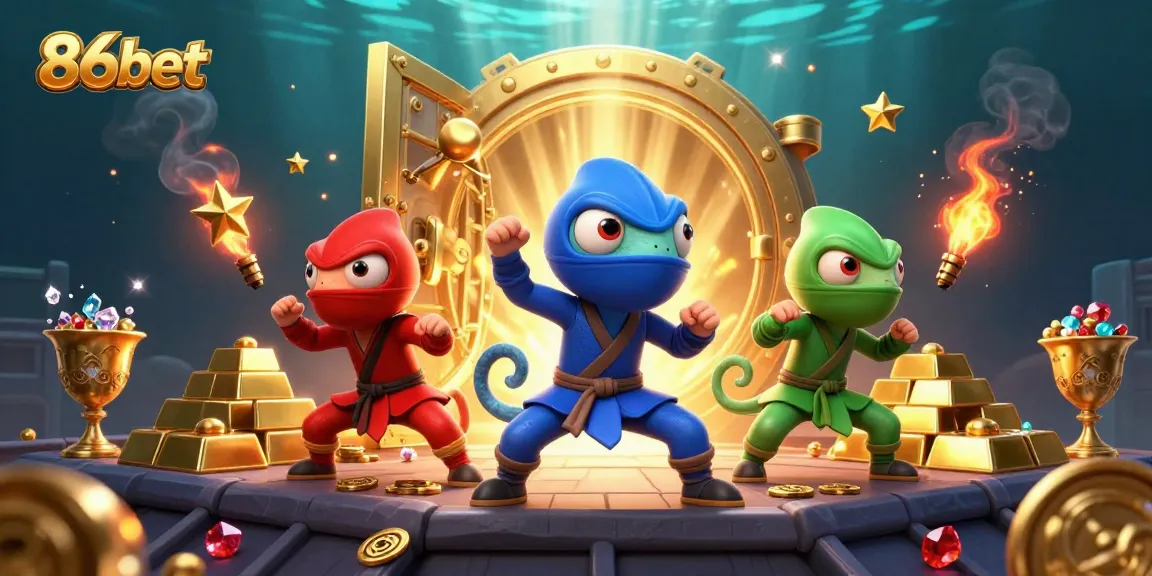 Bet on thrilling action with 86bet's ninja chameleon trio in a vibrant casino treasure scene.