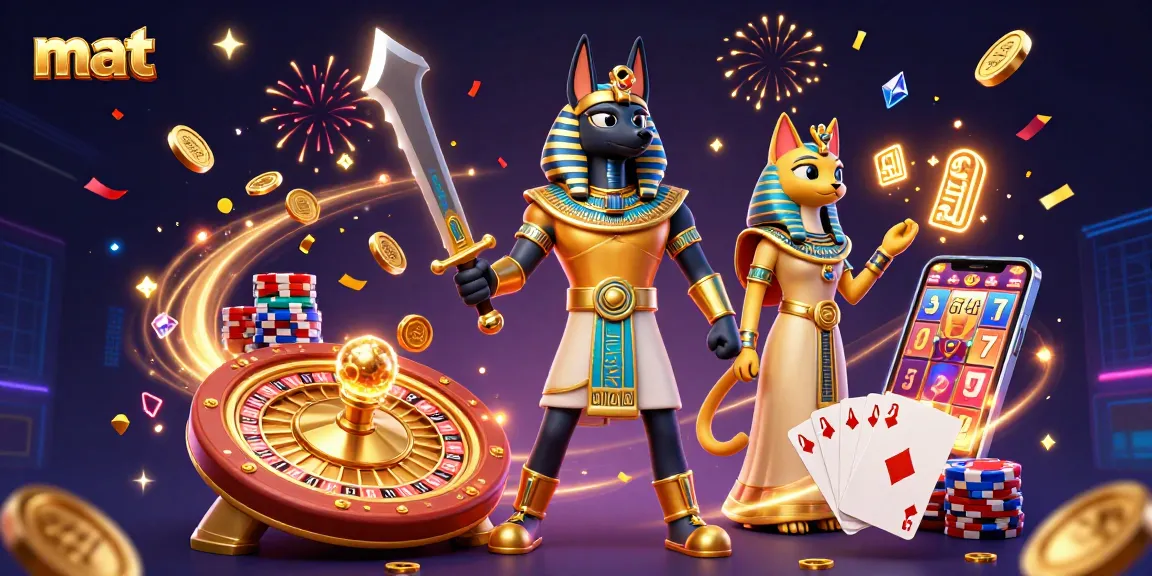 Experience mat-style gaming with Anubis and Bastet in a dazzling casino scene.