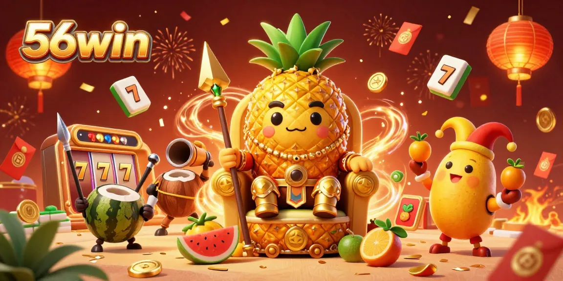 Engage with the vibrant world of 56win's beach casino, featuring colorful characters and vibrant slot reels.