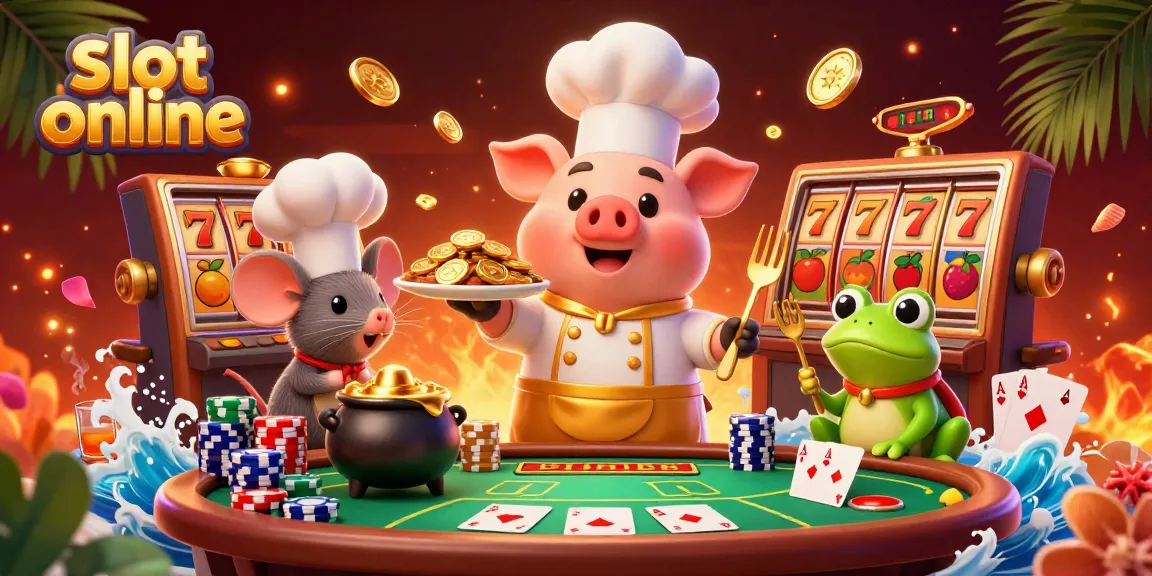 Engage with slot online excitement as a cheerful chef pig serves gold coins with vibrant slot machine reels in a thrilling casino scene.
