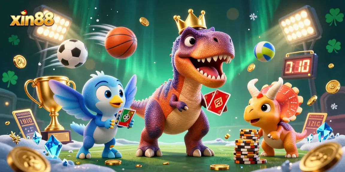 Engage with xin88's thrilling casino adventures as a T-Rex shuffles cards, assisted by a pterodactyl.