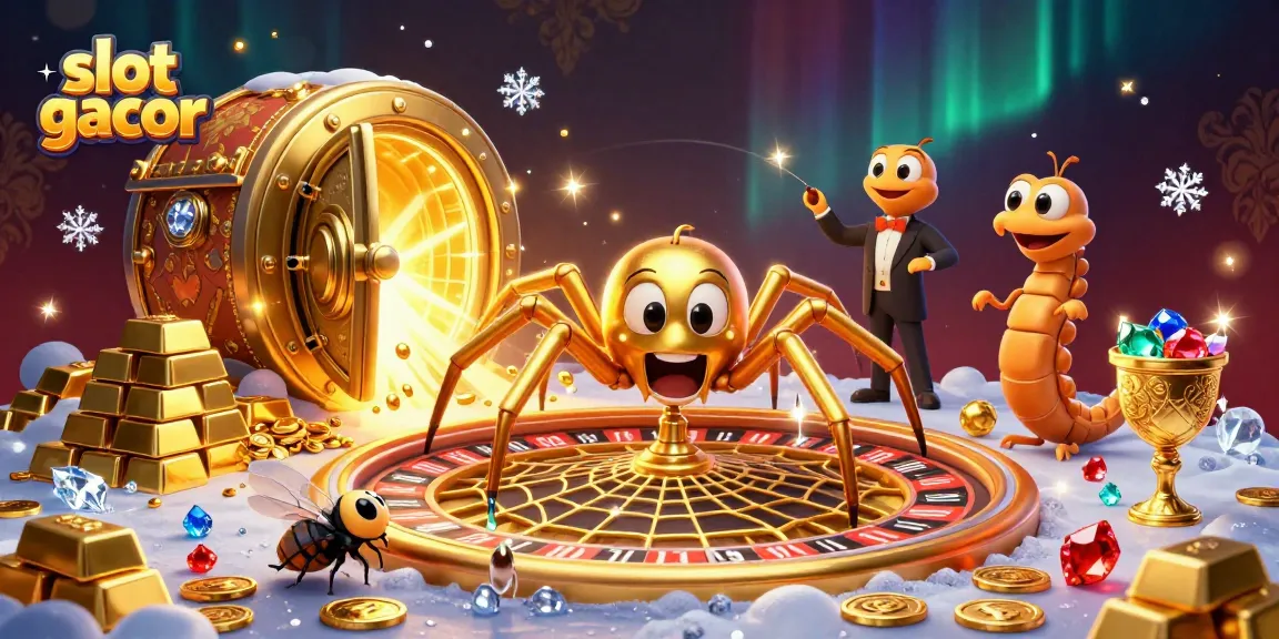Engage in the vibrant atmosphere of slot gacor with a spider, web, and gambling elements.