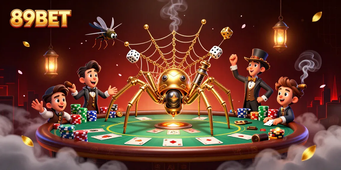 Experience thrilling gameplay with 89BET, featuring a steampunk spider and poker elements in a vibrant casino scene.