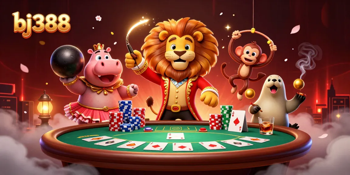 BJ388 features a vibrant 3D circus scene with characters engaging in dynamic gambling excitement.