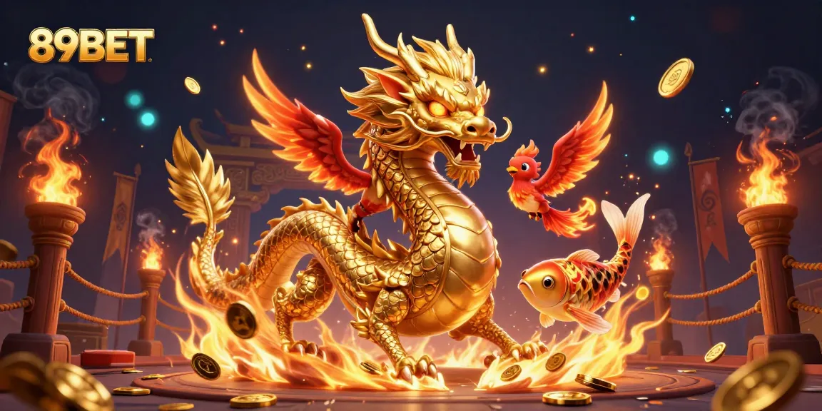 Experience thrilling games at 89BET with a captivating golden dragon, phoenix, and koi fish.