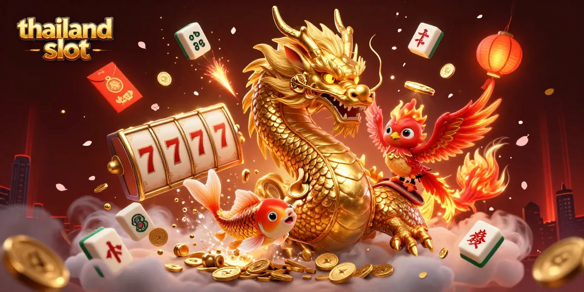 Engage with the vibrant thailand slot scene featuring a golden dragon, red phoenix, and koi fish among slot reels and treasures.