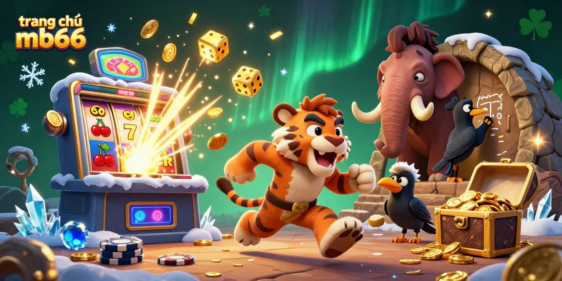 Engage with winnings at trang chủ mb66, featuring a caveman and sabertooth tiger in a lively casino scene.