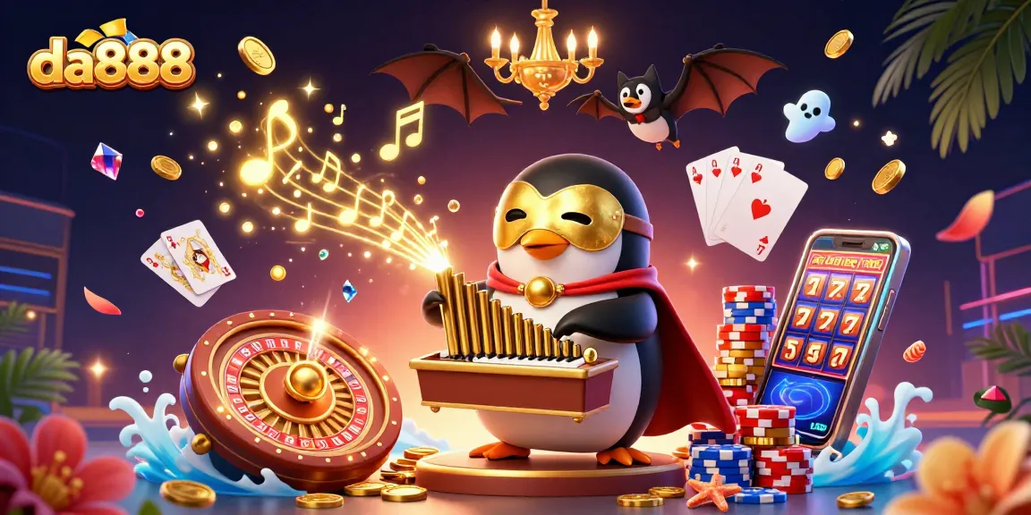 Experience thrilling gameplay at da888 with a penguin playing an organ and coins cascading in this 3D casino scene.