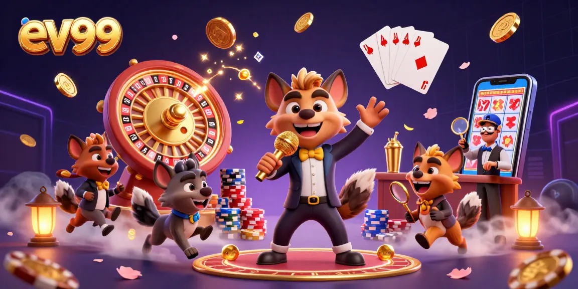 Experience the vibrant ev99 casino scene with hyenas enjoying comedy, drinks, and gaming action.