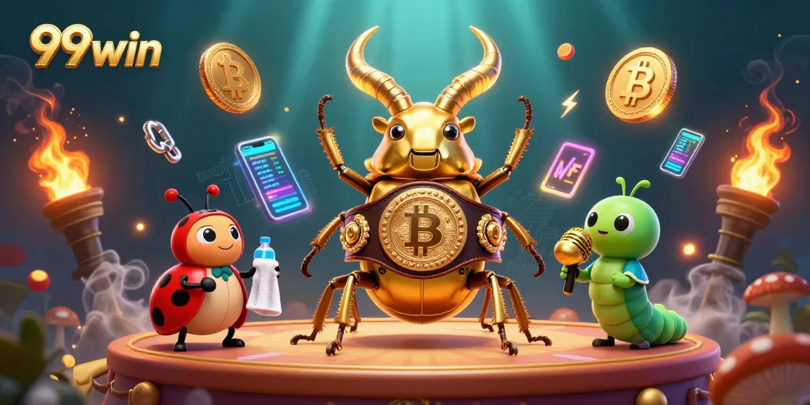 Engage with 99win’s exciting casino gameplay featuring 3D characters in a vibrant illustrated scene.