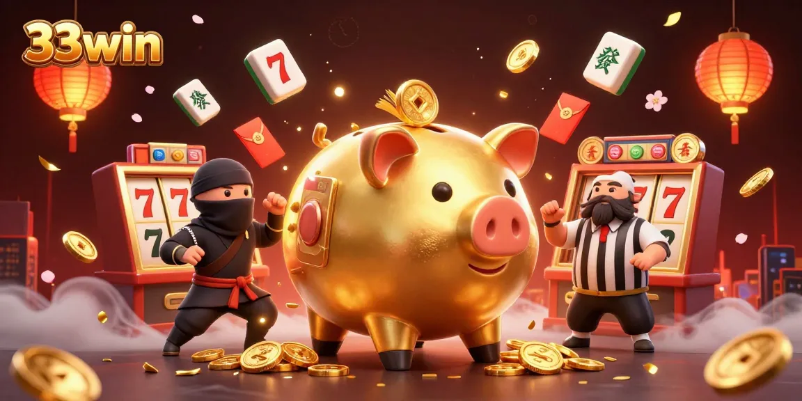 Engage with 33win's thrilling casino action featuring golden piggy bank, ninja, and referee amidst vibrant game elements.