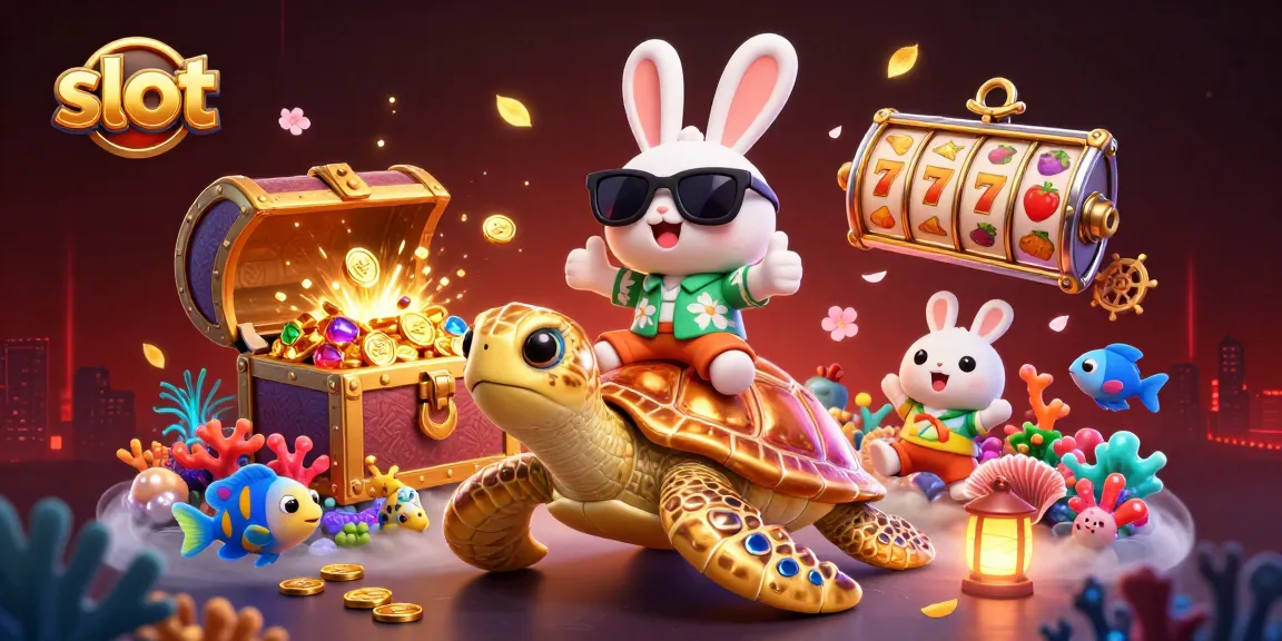 Spin the slot reels with the lucky rabbit and golden turtle in this vibrant casino scene.