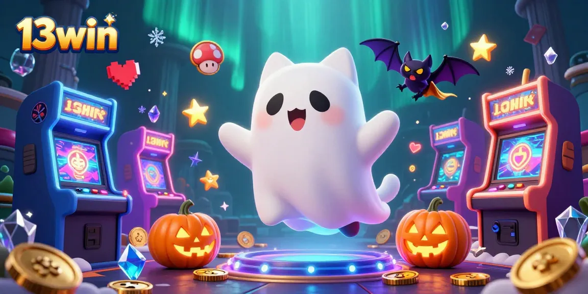 Experience the fun of 13win casino with a ghost cat and a vampire bat in a haunted atmosphere.