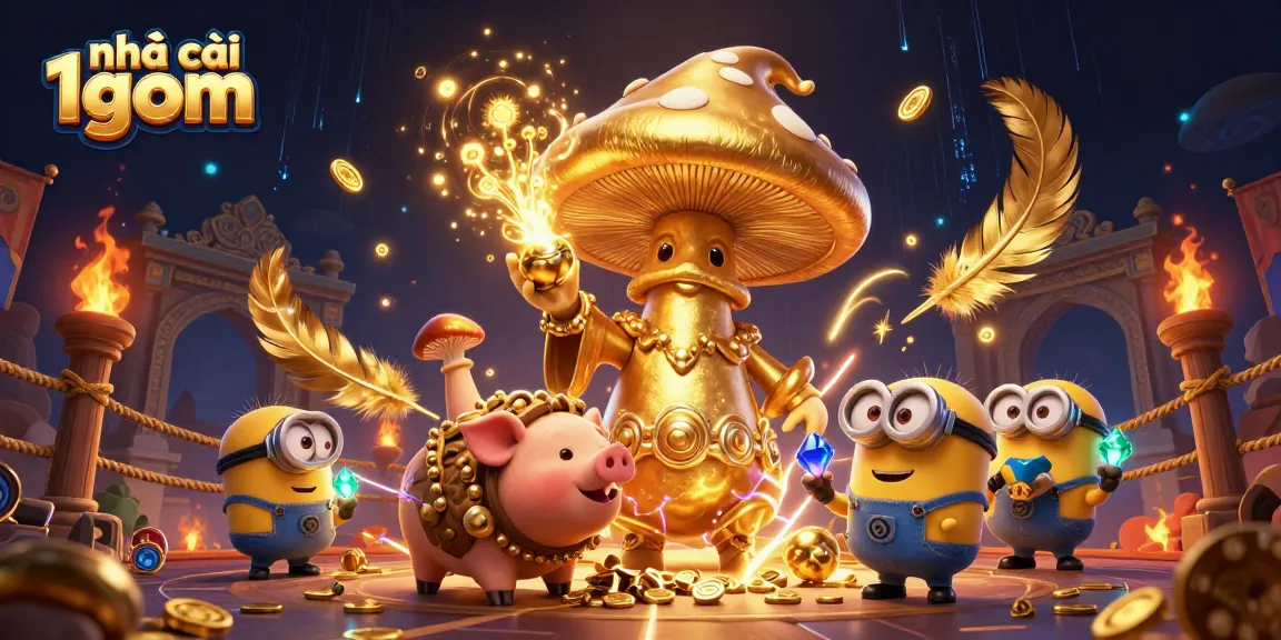 Experience the magic at nhà cái 1gom with a golden wizard channeling wealth among treasures and gaming symbols.
