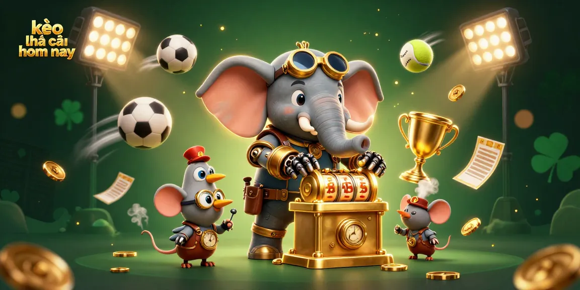 Engage in sports betting with kèo nhà cái hôm nay, featuring an animated steampunk scene filled with dynamic sports elements.