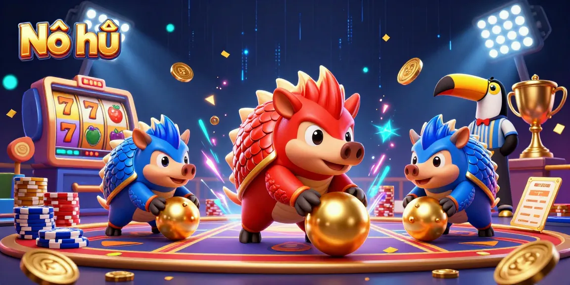 Spin and win in Nổ hũ with animated pangolins rolling golden balls and colorful slot elements.