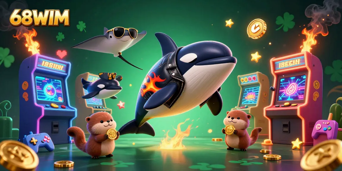 Experience thrilling gaming at 68WIM with vibrant 3D characters and arcade machine elements.