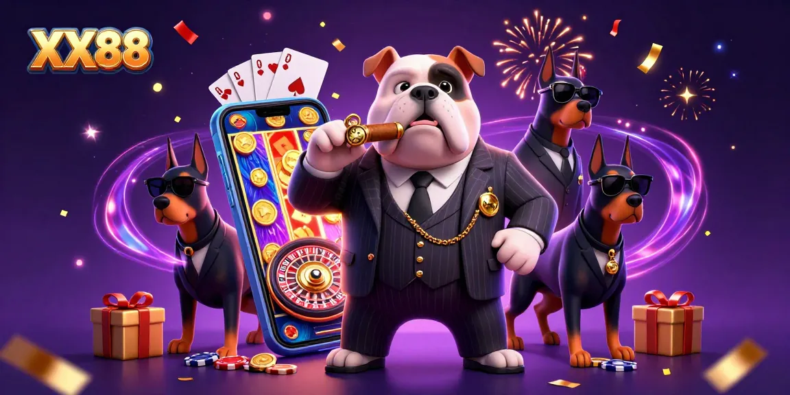 Experience the thrilling excitement at XX88, featuring a mafia boss and his bodyguards in a vibrant casino scene.