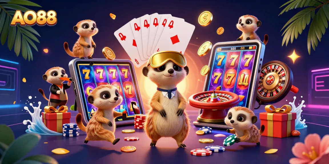 AO88 meerkats managing a vibrant casino with slot games, golden coins, and poker chips
