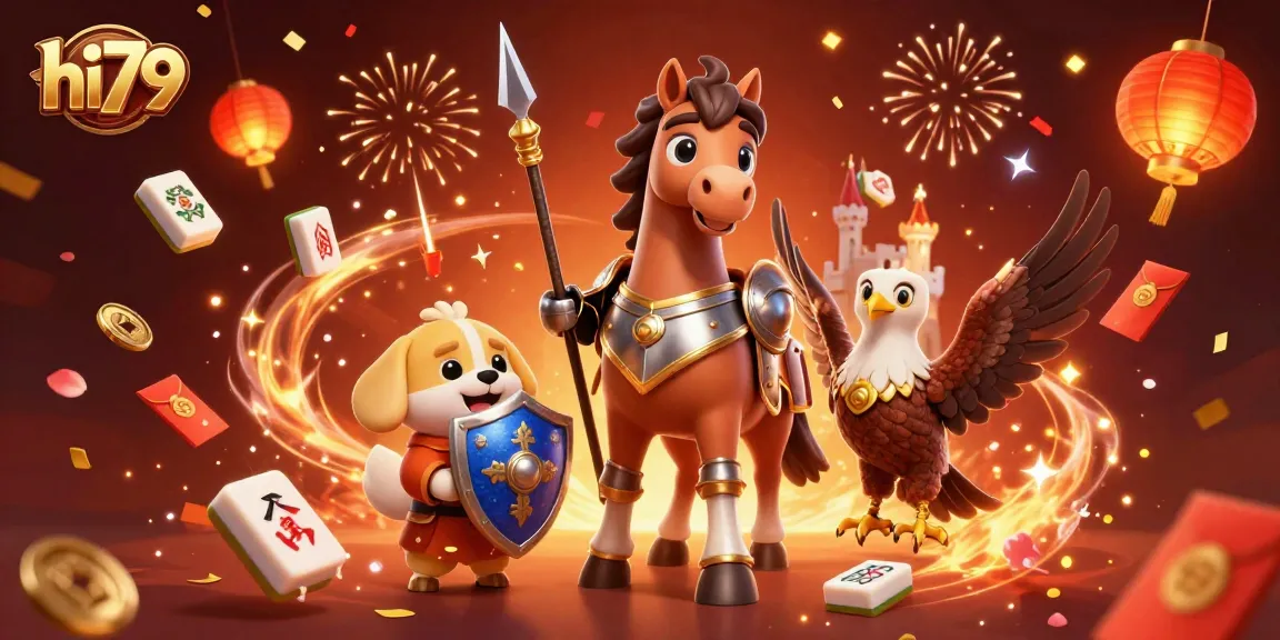Engage with hi79's vibrant gaming scene featuring medieval characters surrounded by festive casino-themed elements.