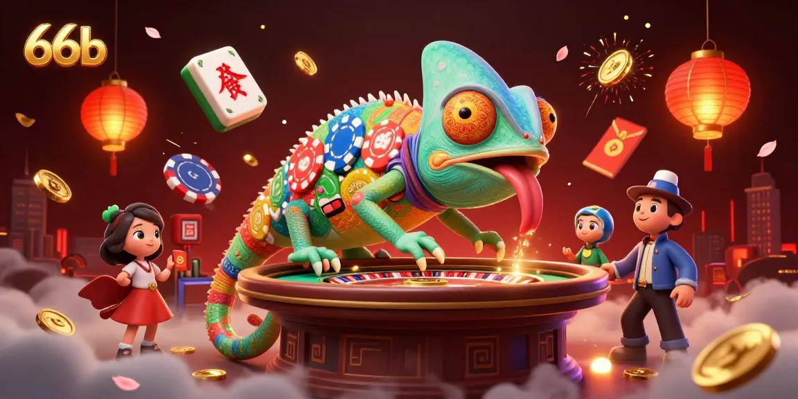 Engage in thrilling gameplay at 66b with the vibrant chameleon casino owner capturing golden coins.
