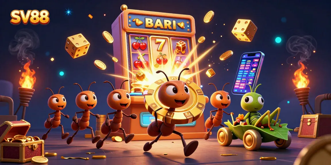 SV88 ants execute a daring heist for a colossal poker chip in a vibrant casino setting.