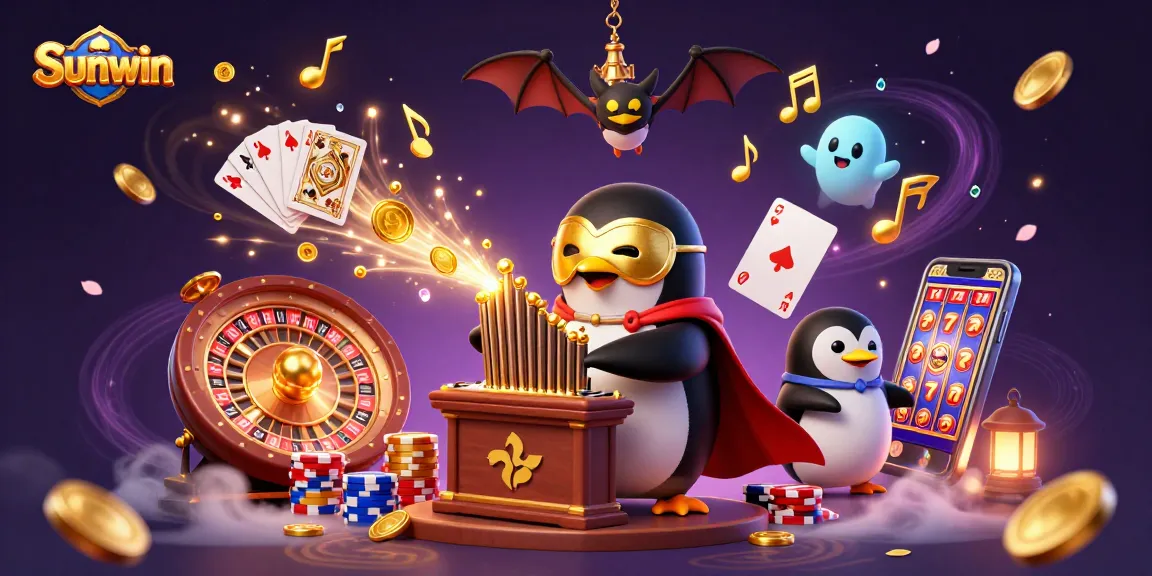 Experience games at Sunwin with vibrant casino elements and a playful penguin in a dynamic 3D scene.
