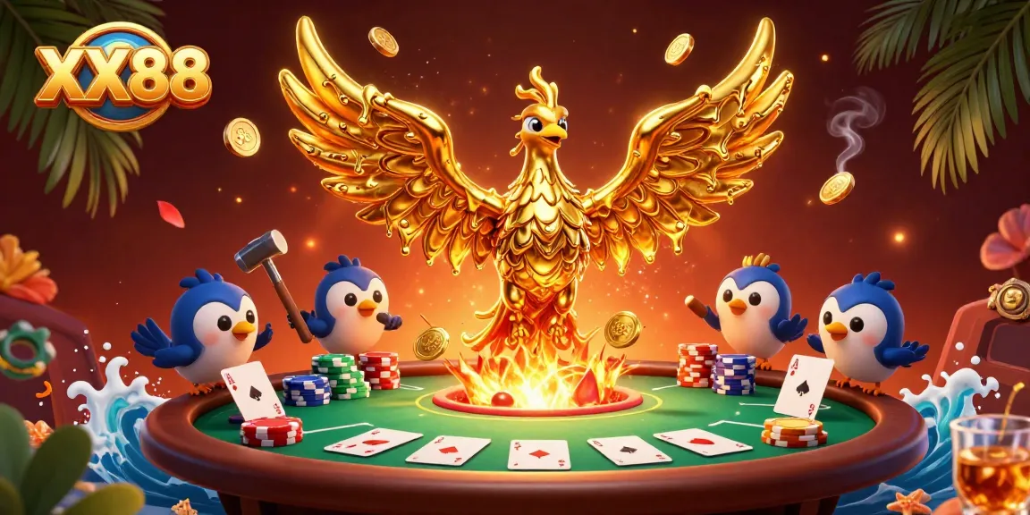 Engage in thrilling action at XX88 with golden phoenix emerging, vibrant poker scene, and dynamic gameplay.