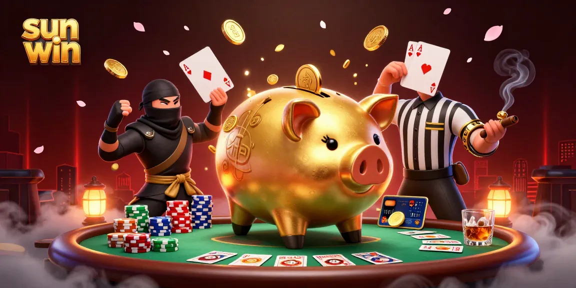 Engage with sun win's vibrant gaming scene featuring a golden piggy bank champion, poker elements, and festive decor.