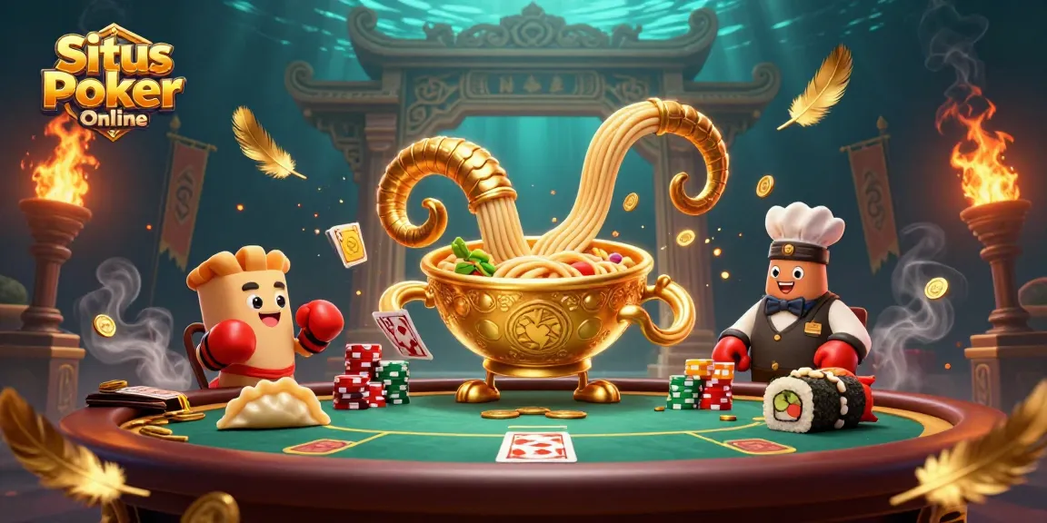 Experience the excitement of Situs Poker Online with expertly dealt cards and vibrant casino elements surrounding playful characters.