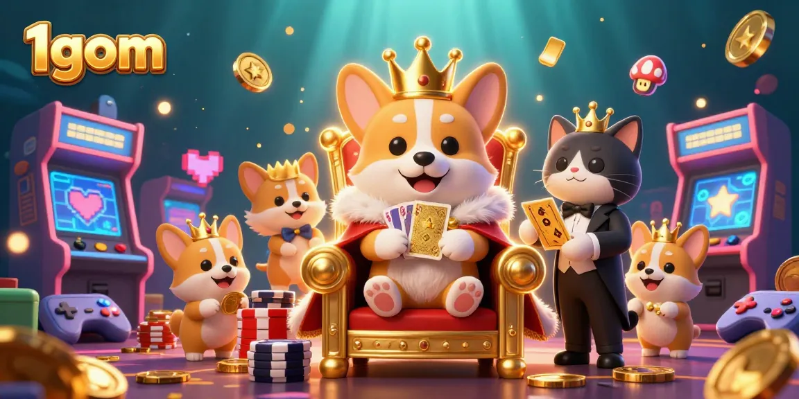 1gom highlights a royal corgi with a crown in a vibrant casino scene, showcasing gaming details.