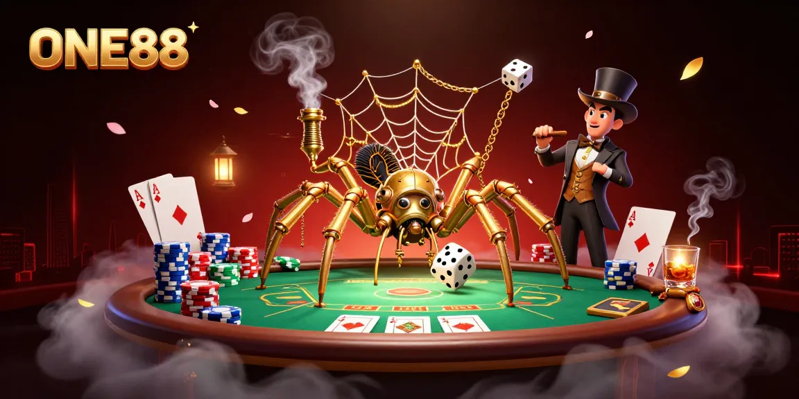 ONE88 engaging with intricate casino elements featuring a steampunk spider and Victorian fly gentleman.